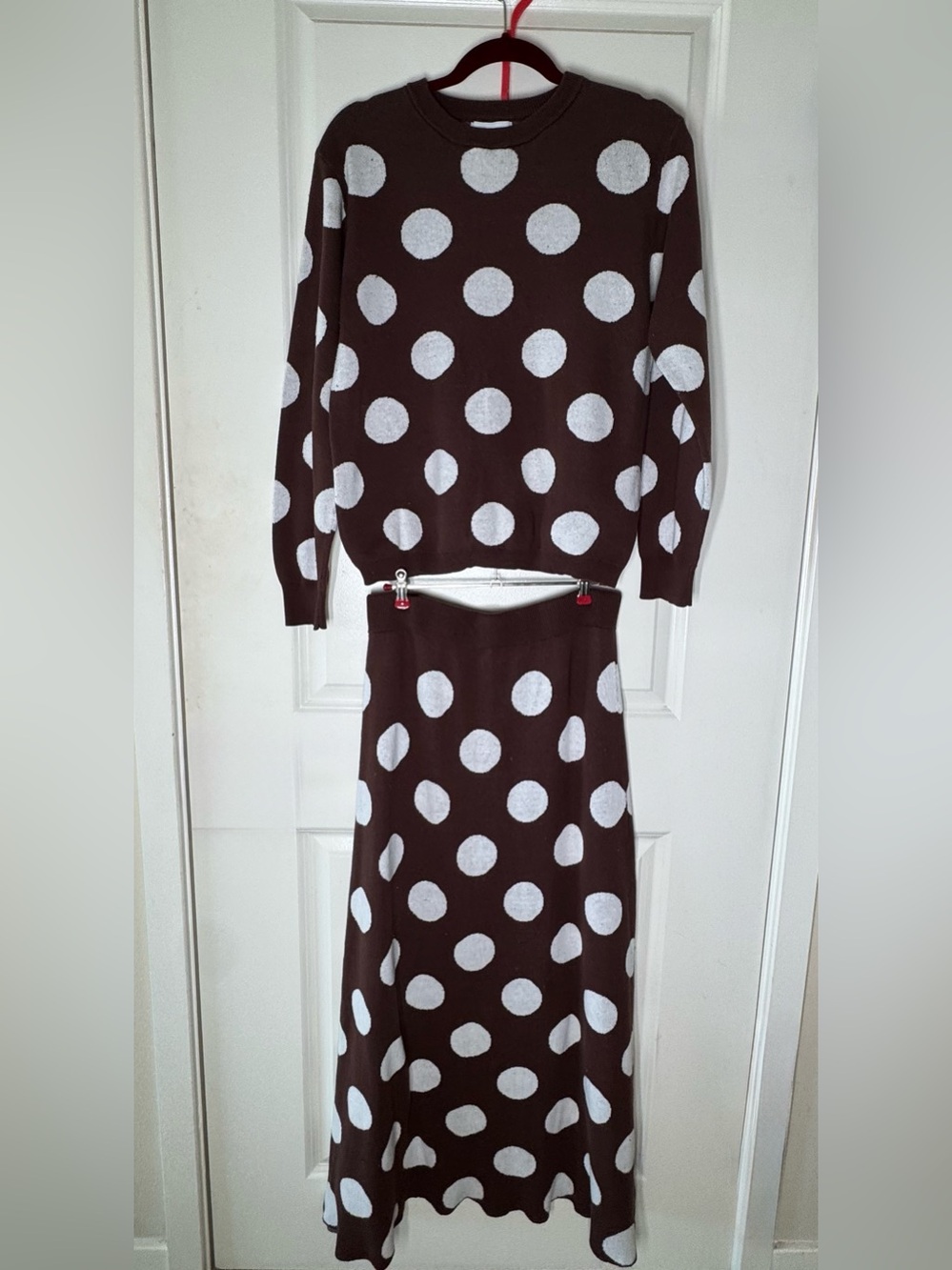 OXKnit XL Brown Polka Dot Retro 70s Knit Sweater Maxi Skirt Suit Set RARE FIND!